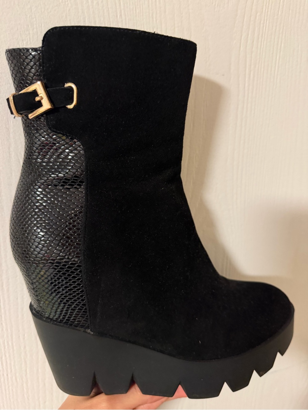 Women's Black Suede Wedge Ankle Boot with Textured Heel